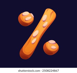 Signo de porcentaje de dibujos animados como baguette y bollos recién horneados. Alfabeto de dulces y confitería, tipo de letra de los dulces, fuente, tipo de galleta. Símbolo de porcentaje de Vector aislado o glifo como masa o pan