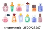 Cartoon perfume bottles. Aroma water, fragrant essences glass bottle packages and luxury cologne. Fragrances pumps and sprayers isolated vector illustration set.