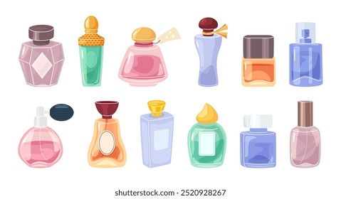 Cartoon perfume bottles. Aroma water, fragrant essences glass bottle packages and luxury cologne. Fragrances pumps and sprayers isolated vector illustration set.