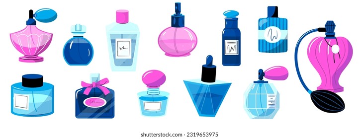 Cartoon perfume bottles. Colorful tubes with luxurious fragrances and woman cosmetic products, luxury cologne. Vector set of bottle perfume illustration