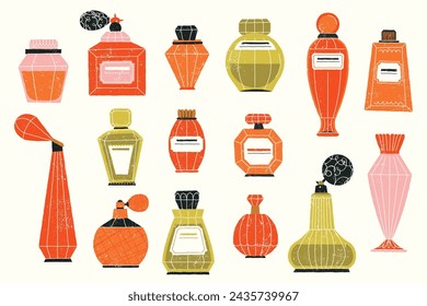 Cartoon perfume bottles. Hand drawn doodle glass flasks with sprayers, cosmetic containers with perfume aroma for woman. Vector isolated set of perfume cartoon bottle illustration