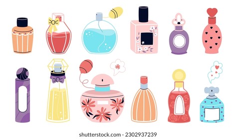 Cartoon perfume bottles, scented water and perfumes retro packaging. Fashion vintage bottle, decorative girly cosmetics flat decent vector set svg