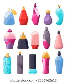 Cartoon perfume bottles, scented water and perfumes retro packaging. Fashion vintage bottle, decorative girly cosmetics flat decent vector set