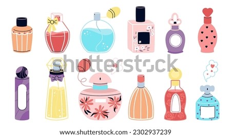 Cartoon perfume bottles, scented water and perfumes retro packaging. Fashion vintage bottle, decorative girly cosmetics flat decent vector set