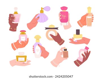 Cartoon perfume in hands. Female hands holding fashion aroma fragrance glass bottles and flasks. Elegance woman hand with aromatic water, racy vector set