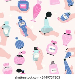 Cartoon perfume pattern. Abstract grungy doodle bottles and flasks with aroma liquid, feminine cosmetic packaging design. Vector texture. Female hand holding glamorous products textile