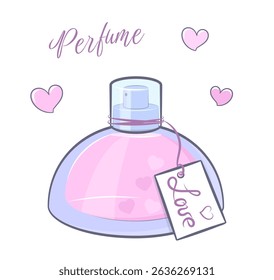 Cartoon perfume with pink hearts. Cute and sweet vector illustration of fragrance glass bottle with hearts and word love.