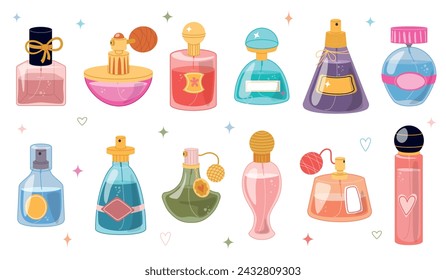 Cartoon perfumery bottles design. Glass toilet water flasks. Fragrant liquid packages. Pleasant smell sprays. Beauty products. Aroma cosmetics. Perfume containers. Recent