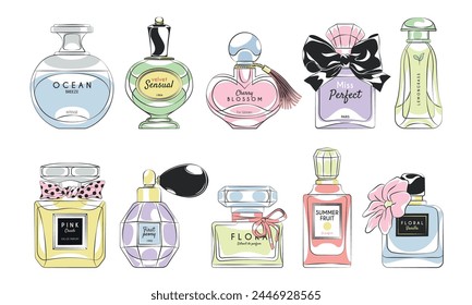 Botellas de perfumería de dibujos animados. Antiguas frasco de vidrio con spray, paquetes de diseño, fragancias de lujo, productos unisex de belleza, diferentes flacons con dispensador, conjunto de productos de Vector aislado ordenado