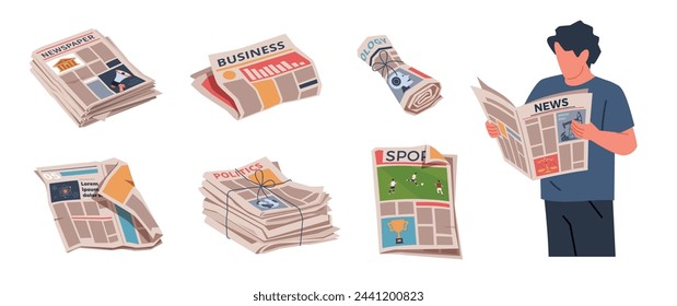 Cartoon periodical newspapers. Rolls, stacks, folded press, man reads periodicals, daily news, columns and publications, business and sport media information, nowaday vector isolated set