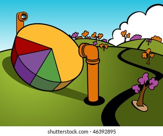 Cartoon of periscopes looking at a pie chart sitting out in the open.