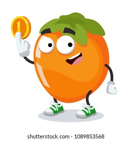 cartoon persimmon mascot keeps the coin on white background