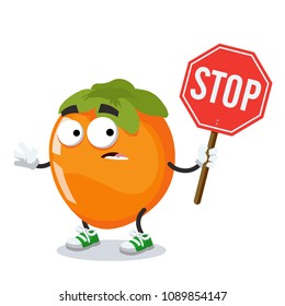 cartoon persimmon mascot with tablet stop in hand on white background