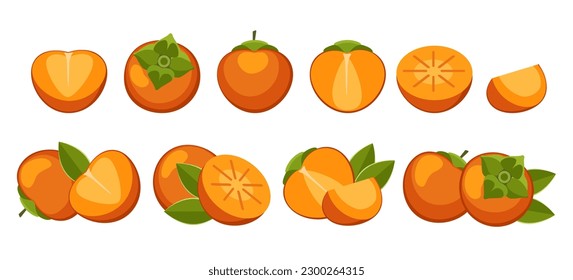 Cartoon persimmons. Orange ripe whole half slices persimmon fruits ingredients isolated vector illustration, diospyros kaki harvest front and side views