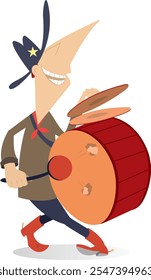 Cartoon person beats the drum and kettledrums. Cheerful man in the Stetson hat beating in the big drum. Isolated on white background	