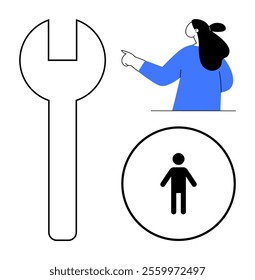 Cartoon person in blue shirt pointing, a large outline of wrench and a circle with a person symbol inside. Ideal for technology, tools, mechanics, human resources, and design themes. Simple