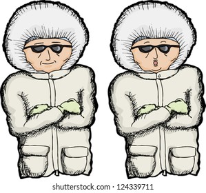 Cartoon of person with coat and folded arms