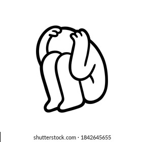 Cartoon person curled up hiding face  Depression  anxiety   panic attack  Simple black   white drawing  vector clip art illustration 