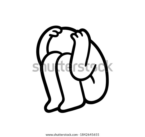 Cartoon person curled up hiding face.\
Depression, anxiety and panic attack. Simple black and white\
drawing, vector clip art\
illustration.
