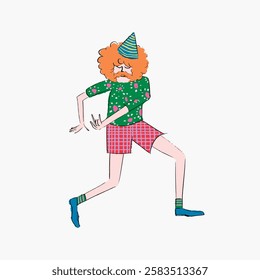 Cartoon of a person dancing with curly hair, wearing a party hat, green polka dot shirt, and red checkered shorts. Playful, colorful, and whimsical illustration. Funky vector illustration.