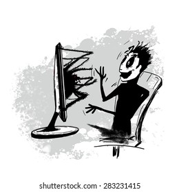 Cartoon person in front of computer monitor scared. Network.
Spider crawls out of the monitor.
Phobia, fear of gamers and programmers.
Vector illustration isolated on a white background.