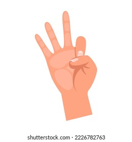 Cartoon person hand showing number three with fingers isolated on white background. Hand of people counting vector illustration. Gestures, education concept