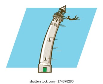 Cartoon person hanging over the rail of a wind blown lighthouse/Vector Windy Lighthouse