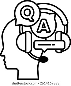 A cartoon of a person with a headset on their head and a question mark