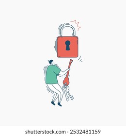 A cartoon person holds a large key up to a padlock, representing the concept of unlocking or access.