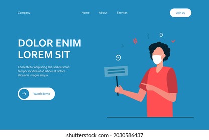 Cartoon person in mask holding protest banner. Protection, pandemic, disagreement flat vector illustration. Demonstration and opinion concept for banner, website design or landing web page