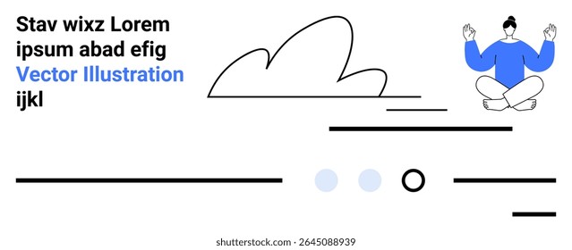 Desenhos animados meditando pacificamente, nuvens abstratas e linhas criam uma atmosfera serena. Ideal para bem-estar, atenção plena, tranquilidade, relaxamento, minimalismo, autocuidado, landing page