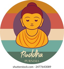 A cartoon of a person with a purple and orange background and the word Buddha written in purple. The person is smiling and has a peaceful expression