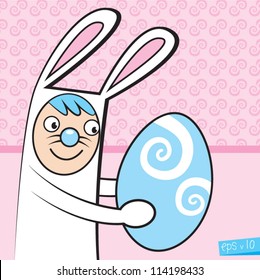 Cartoon person in a Rabbit suit smiling looking at a large blue easter egg