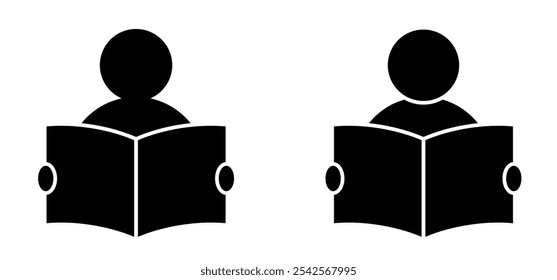 Cartoon person reading a book. Read a newspaper paper. learn book icon or symbol. Studying, school concept. Book reader logo. Student, learns from books. World book Day. News paper.