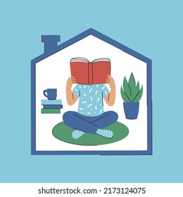 Cartoon person sitting in meditation pose and reading a book inside a tiny house. Hand-drawn flat vector illustration for web banner, social media, advert or print. Book lover, introvert concept.