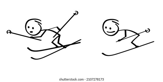 Cartoon person ski or skiing on winter sport. Skier stick man on snow. Vector. Stickman, downhill on skis. Holiday or vacation sport.