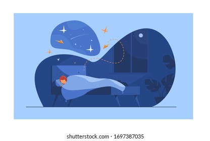 Persona de caricatura durmiendo en su dormitorio por la noche. Mujer descansando en la cama y soñando en el cielo estrellado de la noche. Ilustración vectorial para la hora de acostarse, confort, concepto nocturno