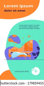 Cartoon person sleeping in her bedroom at night. Woman resting in bed and dreaming on night starry sky. Vector illustration for bedtime, comfort, nighttime concept