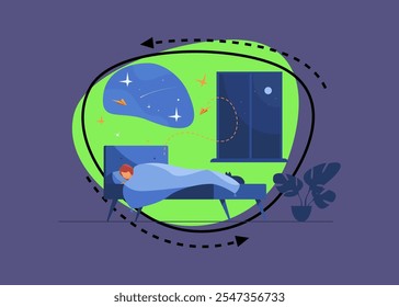 Cartoon person sleeping in her bedroom at night. Woman resting in bed and dreaming on night starry sky. Vector illustration for bedtime, comfort, nighttime concept