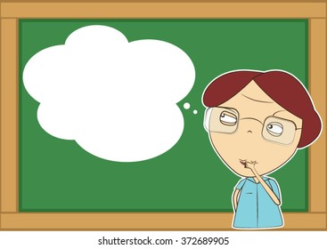 cartoon of person thinking or analysis problem with bubble on the blackboard