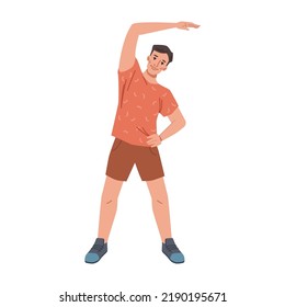 Cartoon person training stretching hand aside, yoga fitness classes. Vector flat cartoon personage doing sport exercises, sportsman training workout. Healthy lifestyle wellness wellbeing