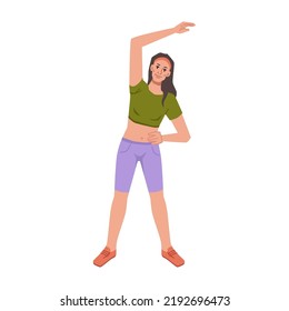 Cartoon person training stretching hand aside, yoga fitness classes. Vector flat cartoon personage doing sport exercises, sportsman training workout. Healthy lifestyle wellness wellbeing