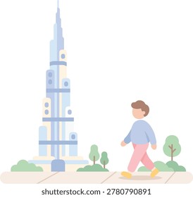Cartoon person walking on sidewalk near a tall skyscraper