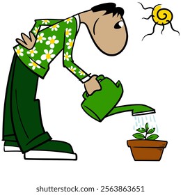 A cartoon person with a watering can waters a plant with green leaves in a pot on a sunny day, side view, standing, leaning forward.