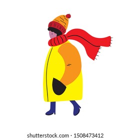 Cartoon person in winter clothes. Characters illustrations for your design.Happy winter vacation. Warmly dressed person. Merry christmas vacation. Vector illustration in a flat style