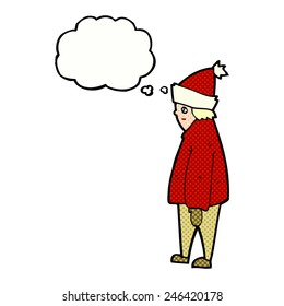 cartoon person in winter clothes with thought bubble