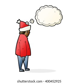 cartoon person in winter clothes with thought bubble