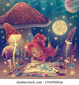 Cartoon personage as artist in fantasy mushroom garden with painter tools, painting illustrator girl as comics character creates gouache drawing or watercolor illustration. Digital vector art.