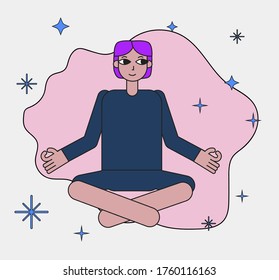 Cartoon personage doing yoga practice and meditation. Character design in minimal simple flat style.