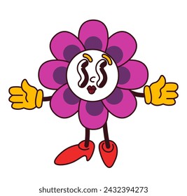 Cartoon personage flower with arms spreading wide for hugging. Isolated plant with facial expression and trippy eyes wearing shoes and gloves. Sticker or emoji for social media. Vector in flat style